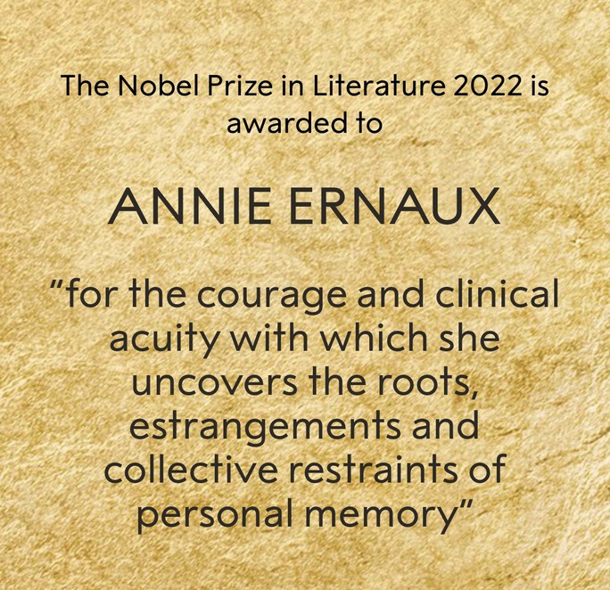 Nữ nhà văn Annie Ernaux đoạt giải Nobel Văn học 2022
